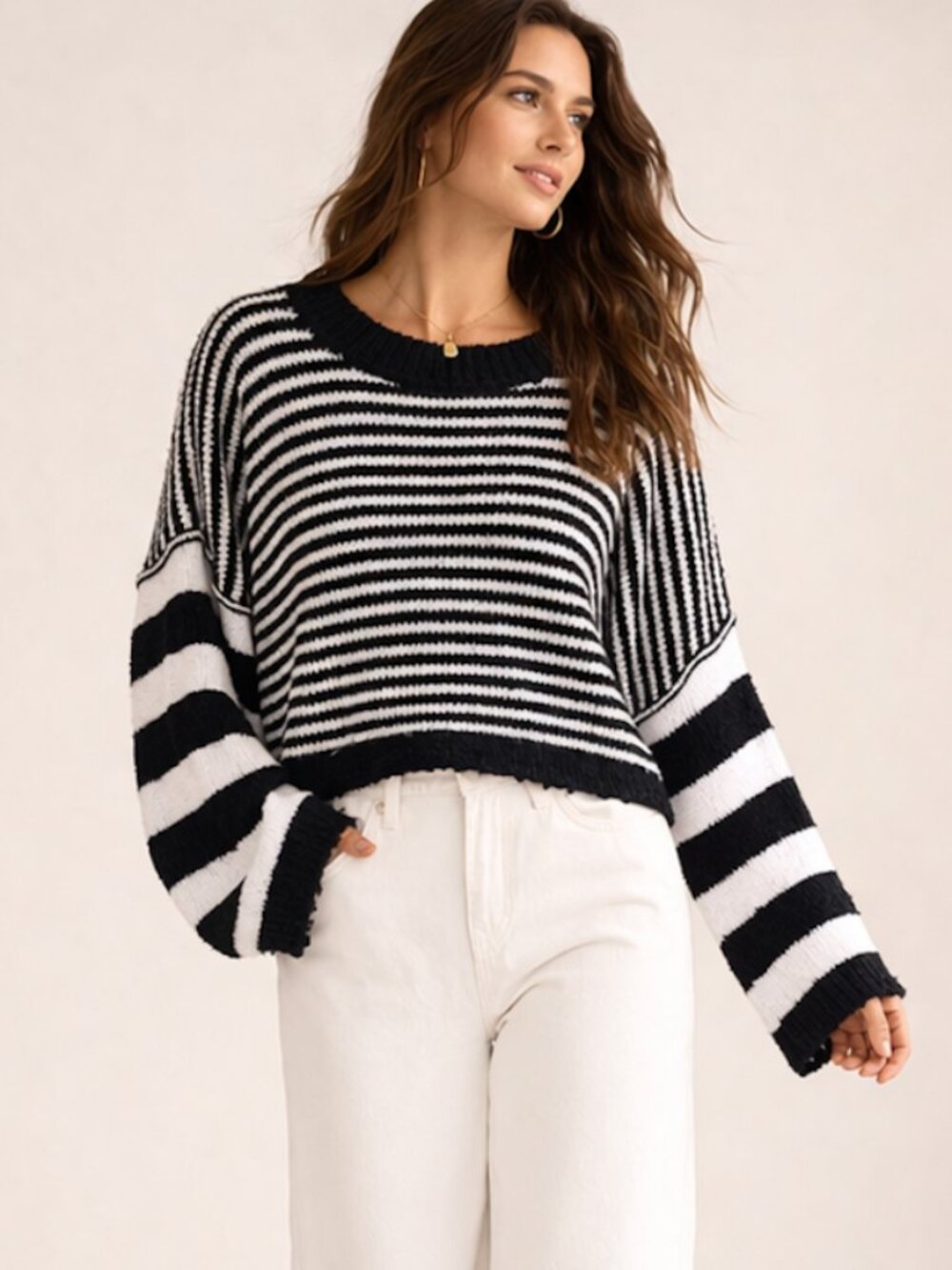 Free People Beach Striped Cropped Sweater Slouchy Coastal Cozy Oversized